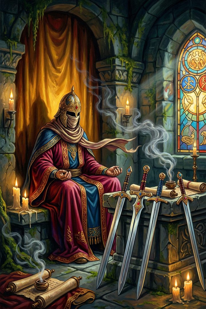 Four of Swords: an original painted scene, an illustrated scene