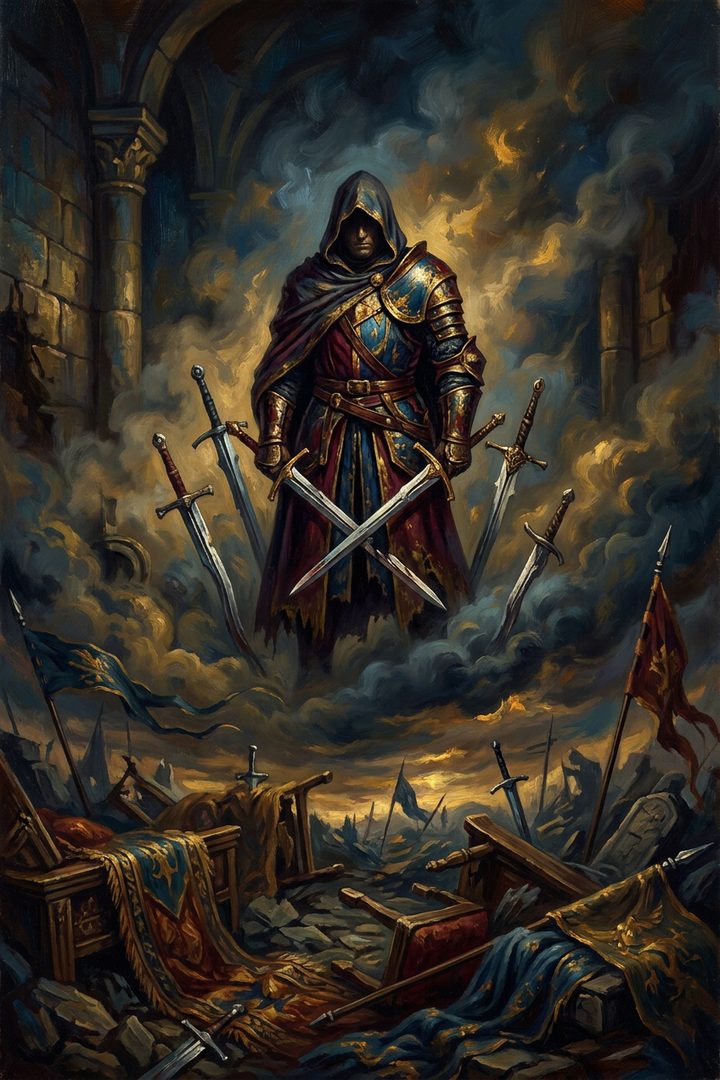 Five of Swords: an original painted scene, an illustrated scene