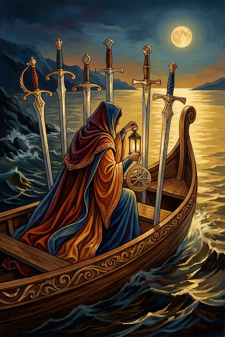 Six of Swords: an original painted scene, an illustrated scene