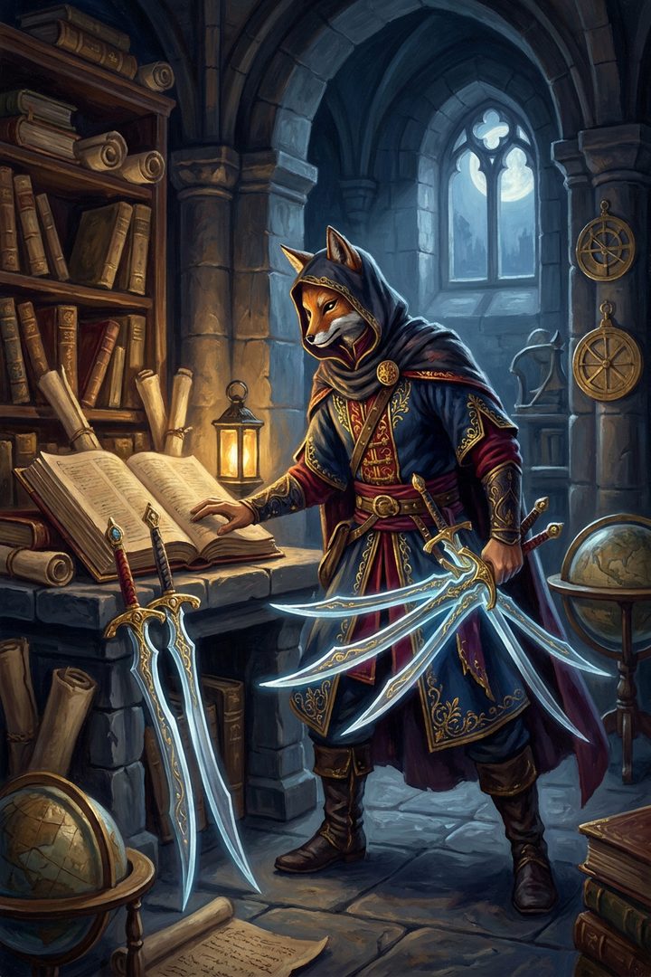 Seven of Swords: an original painted scene, an illustrated scene