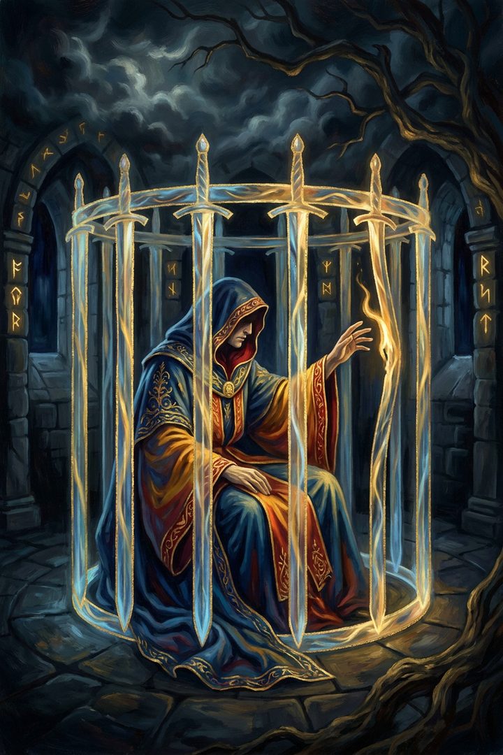 Eight of Swords: an original painted scene, an illustrated scene