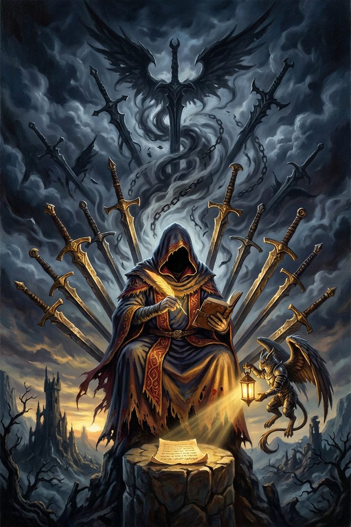 Nine of Swords: an original painted scene, an illustrated scene