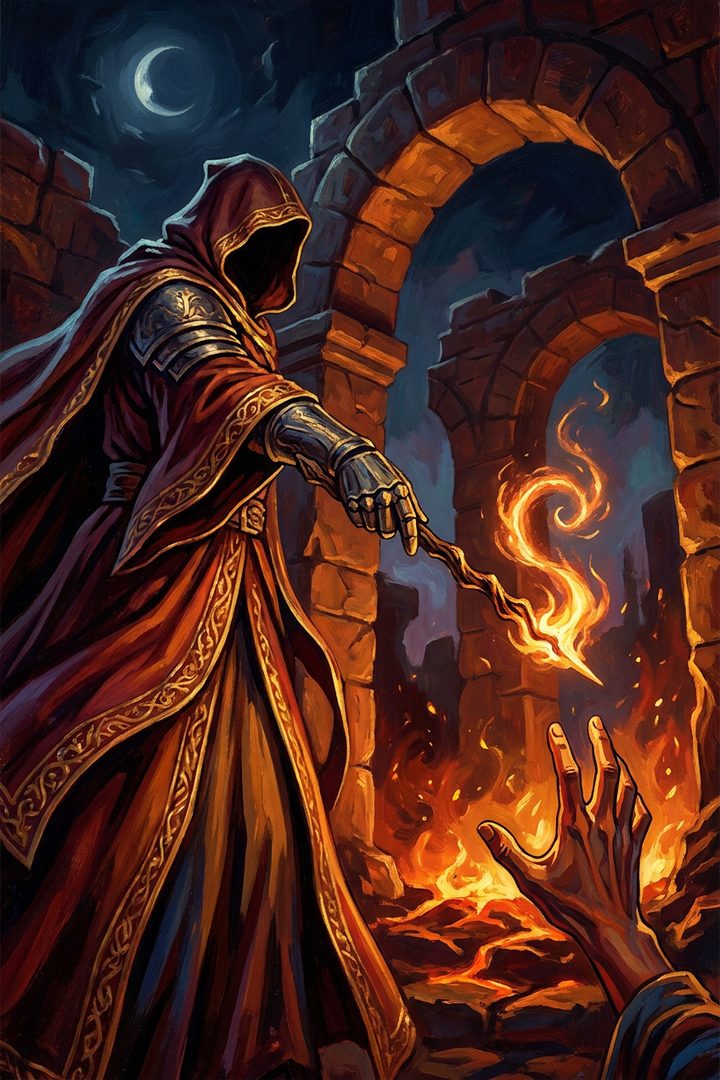 Ace of Wands: an original painted scene, an illustrated scene