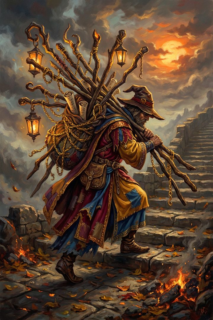 Ten of Wands: an original painted scene, an illustrated scene
