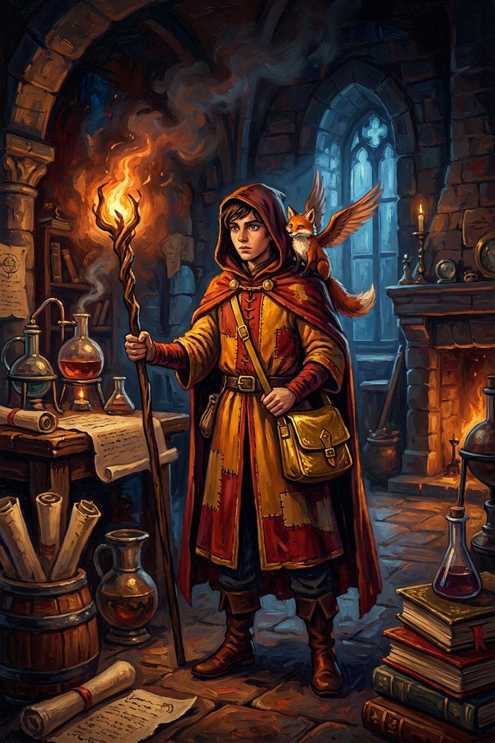 Page of Wands: an original painted scene, an illustrated scene