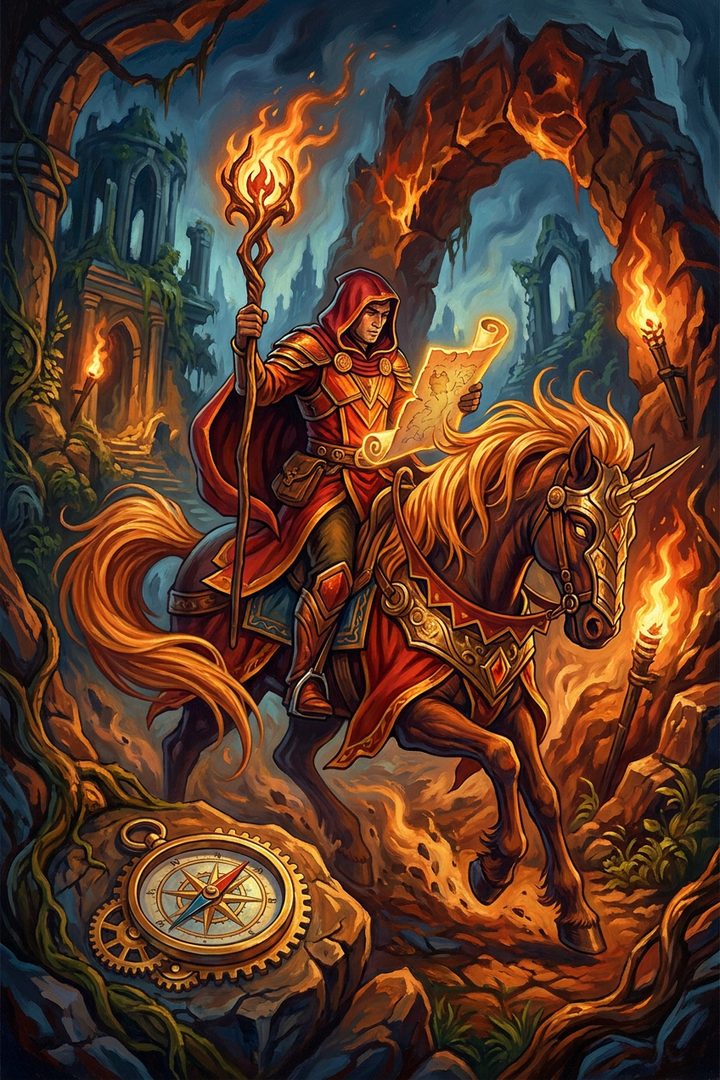 Knight of Wands: an original painted scene, an illustrated scene