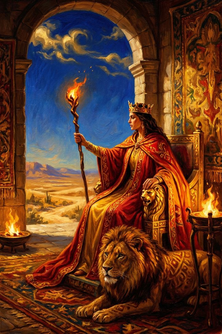 Queen of Wands: an original painted scene, an illustrated scene