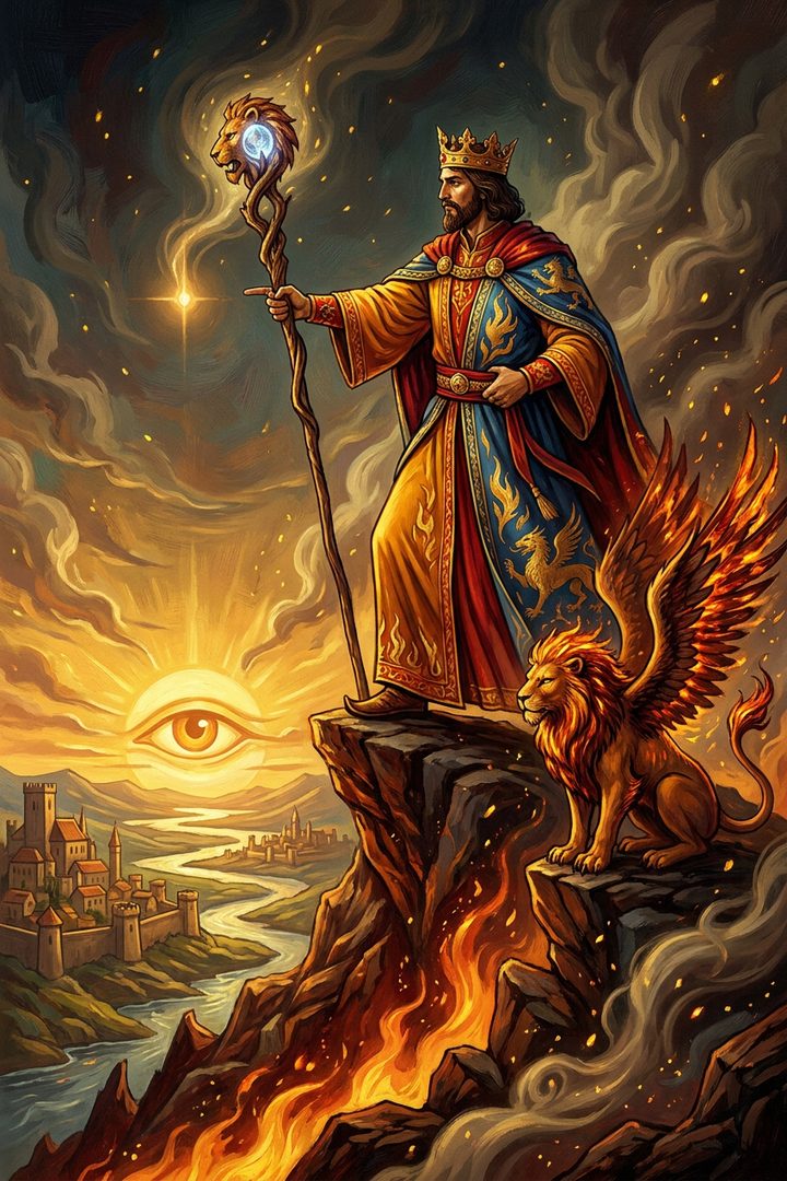 King of Wands: an original painted scene, an illustrated scene