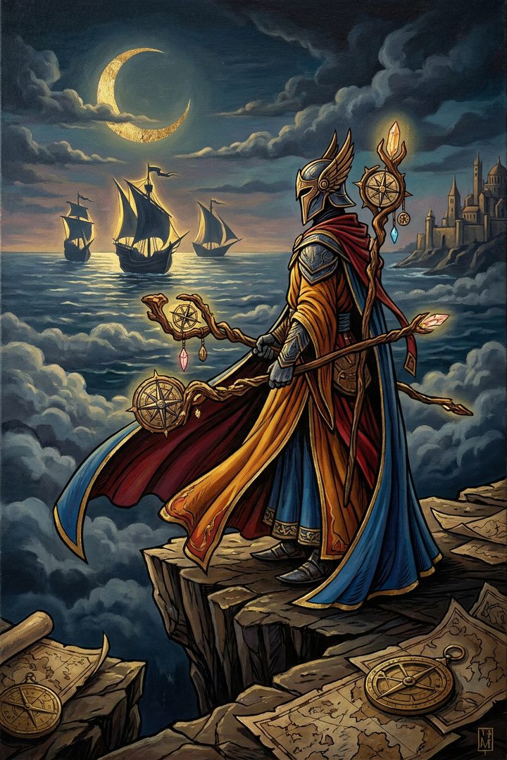 Three of Wands: an original painted scene, an illustrated scene