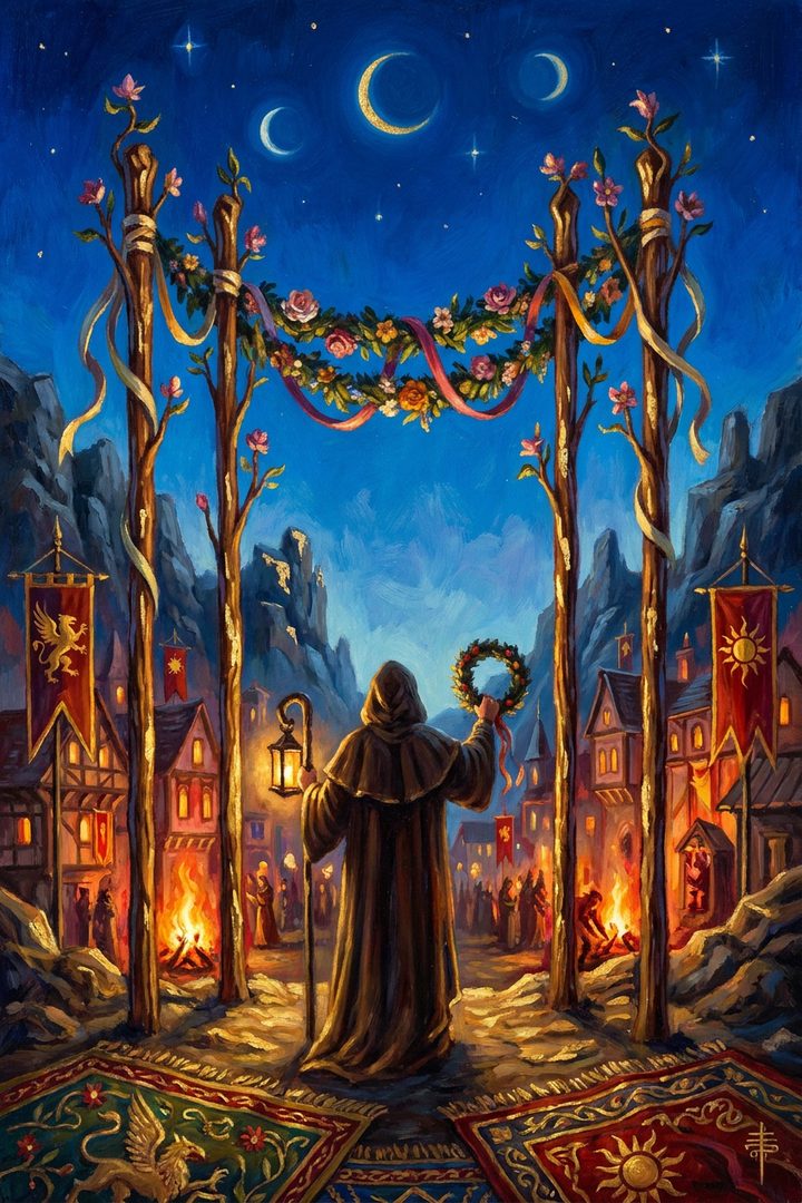 Four of Wands: an original painted scene, an illustrated scene
