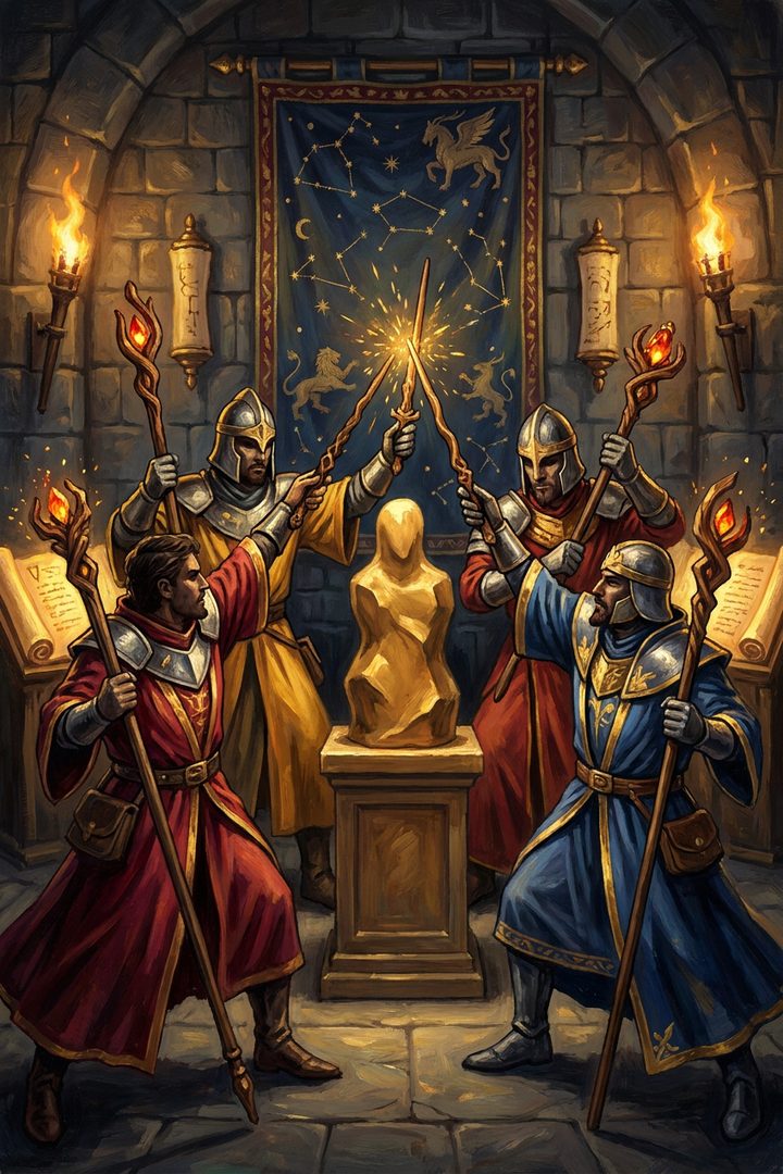 Five of Wands: an original painted scene, an illustrated scene