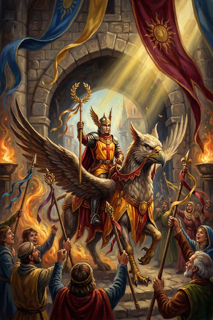 Six of Wands: an original painted scene, an illustrated scene