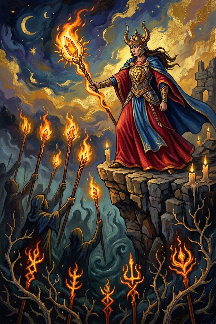 Seven of Wands: an original painted scene, an illustrated scene
