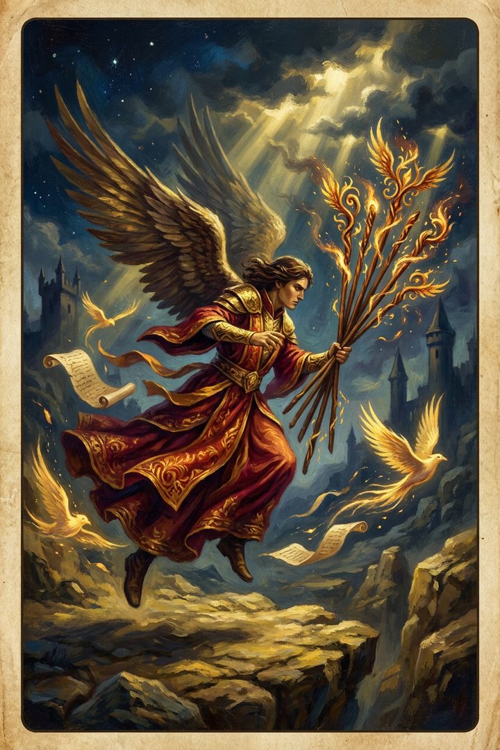 Eight of Wands: an original painted scene, an illustrated scene