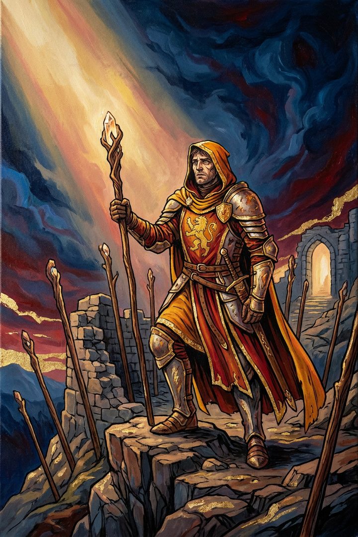 Nine of Wands: an original painted scene, an illustrated scene