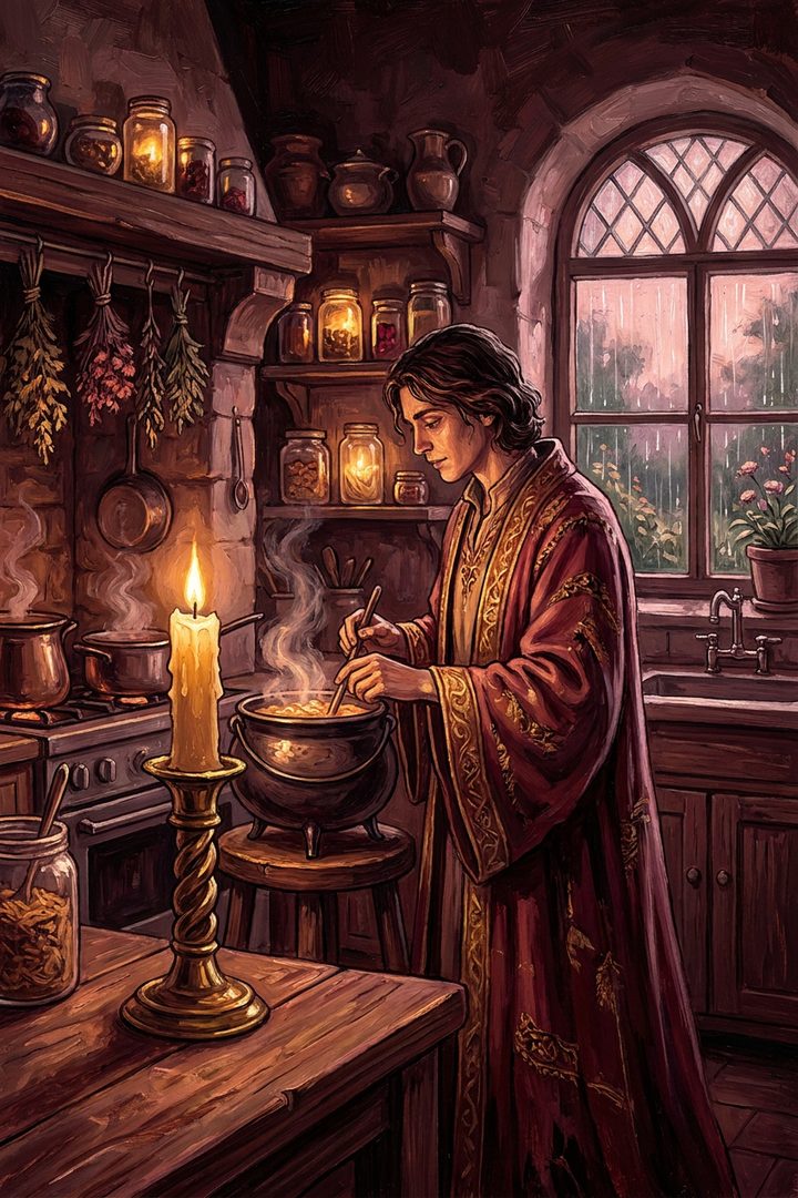 The Lit Kitchen: an original painted scene, an illustrated scene