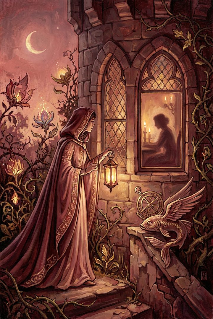 Two Windows: an original painted scene, an illustrated scene