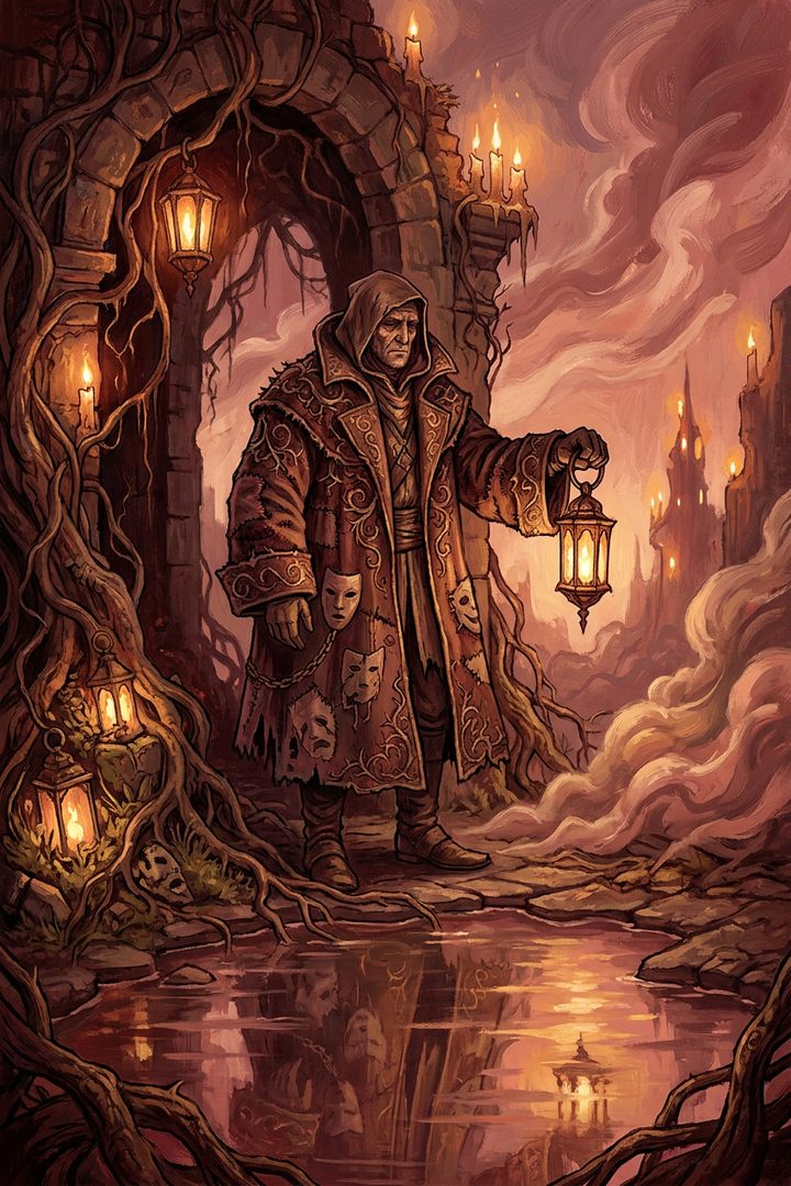 The Borrowed Coat: an original painted scene, an illustrated scene