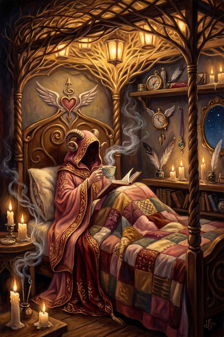 The Own Bed: an original painted scene, an illustrated scene