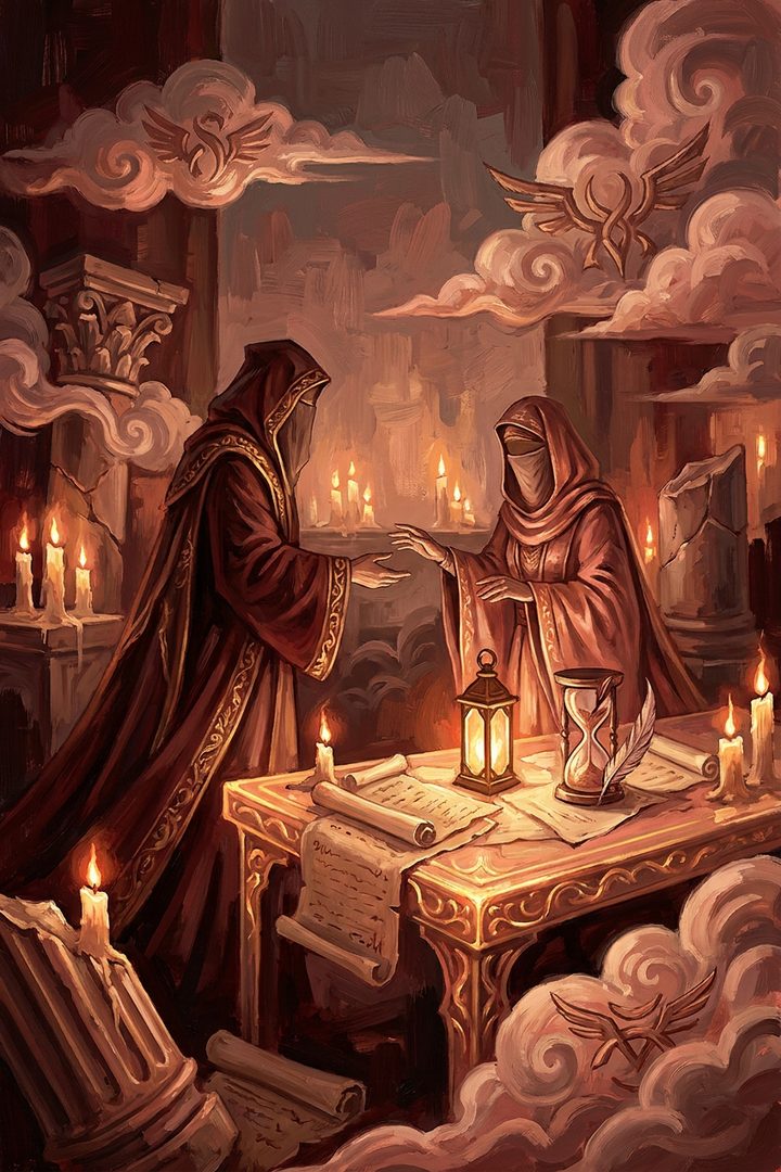 Two Strangers: an original painted scene, an illustrated scene