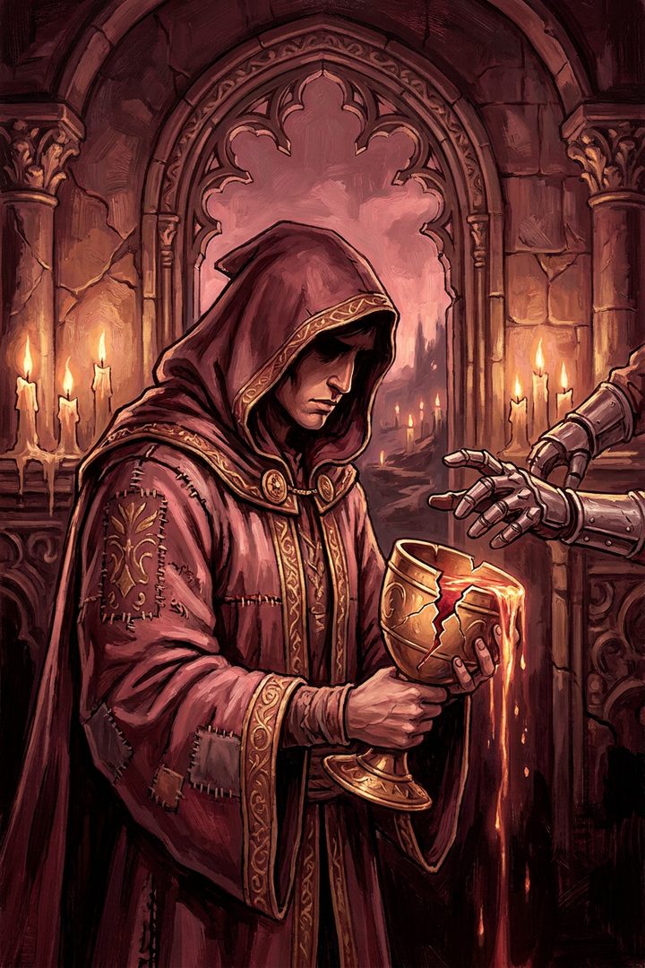 The Cracked Cup: an original painted scene, an illustrated scene