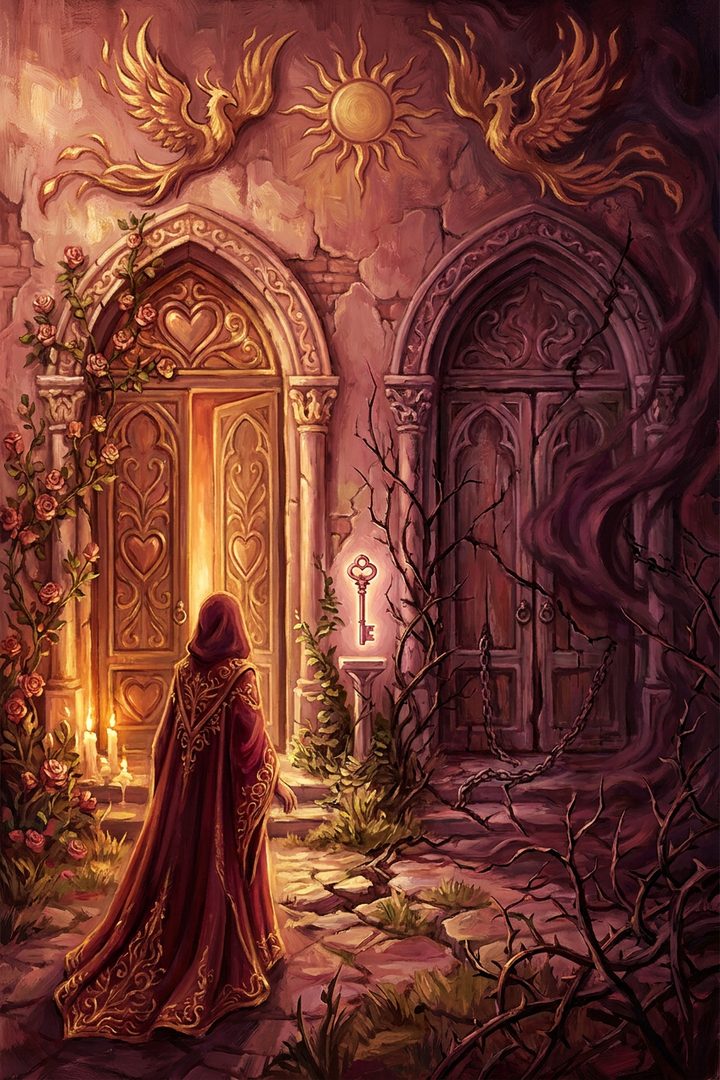 Two Doors: an original painted scene, an illustrated scene