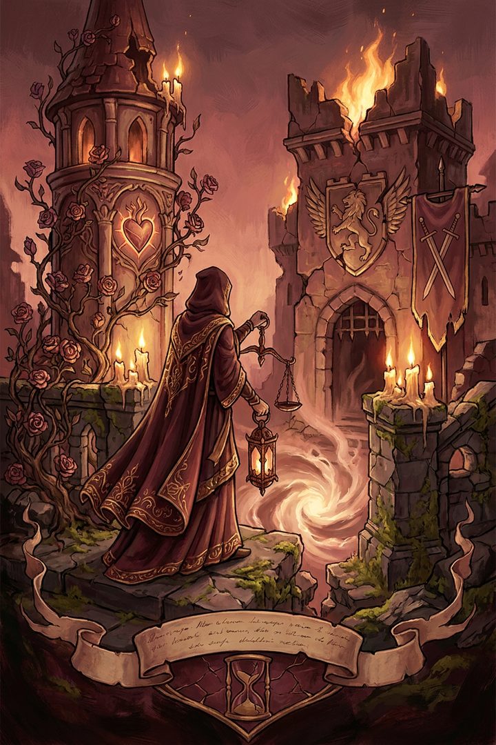 The Divided House: an original painted scene, an illustrated scene