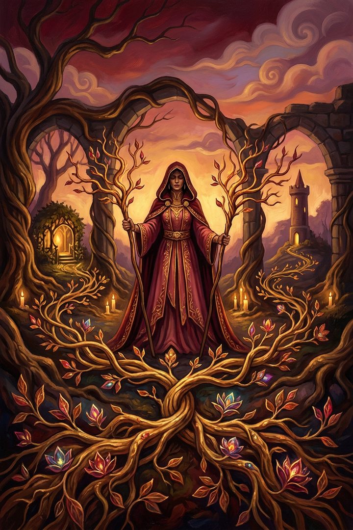 Two Roots: an original painted scene, an illustrated scene