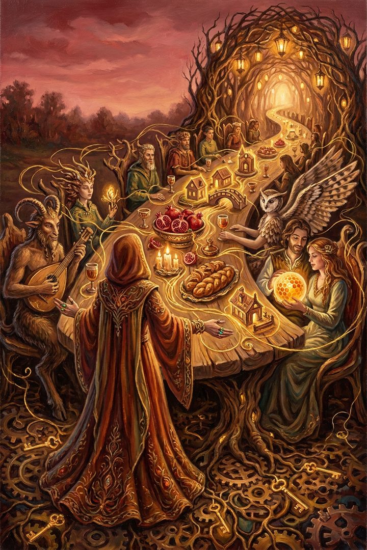 The Long Table: an original painted scene, an illustrated scene