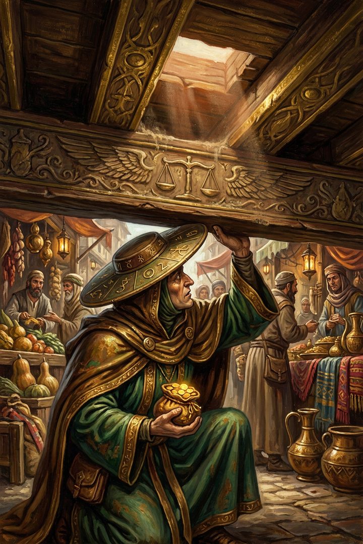 The Low Roof: an original painted scene, an illustrated scene