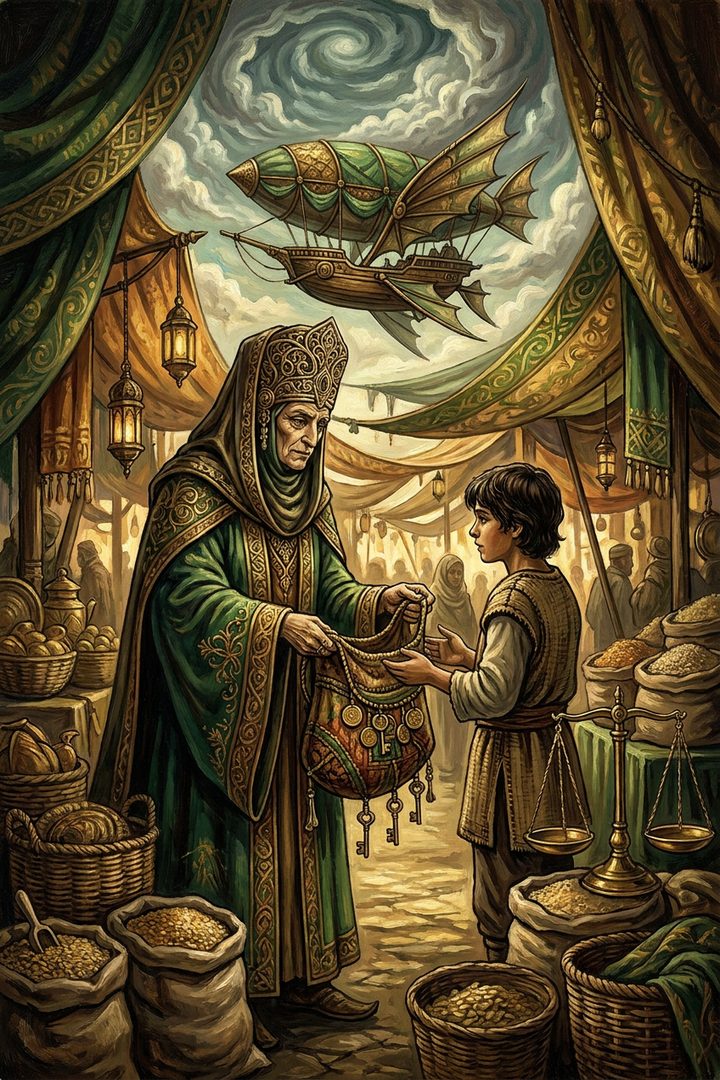 Inherited Purse: an original painted scene, an illustrated scene