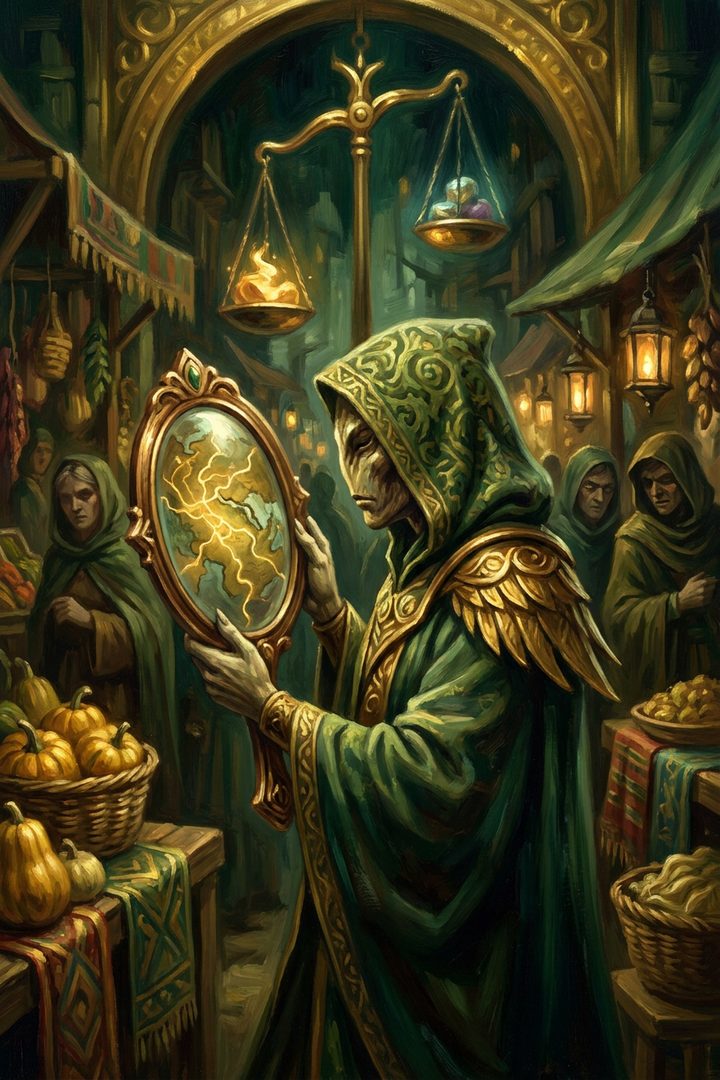 The Comparison Mirror: an original painted scene, an illustrated scene