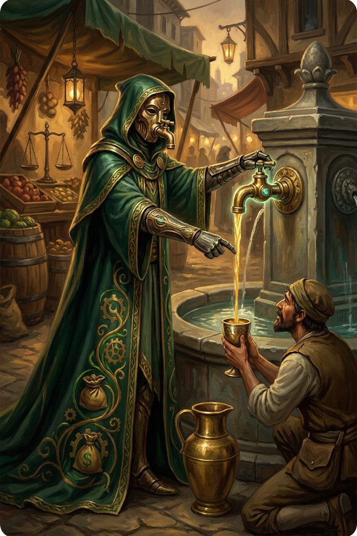 The Turned Tap: an original painted scene, an illustrated scene