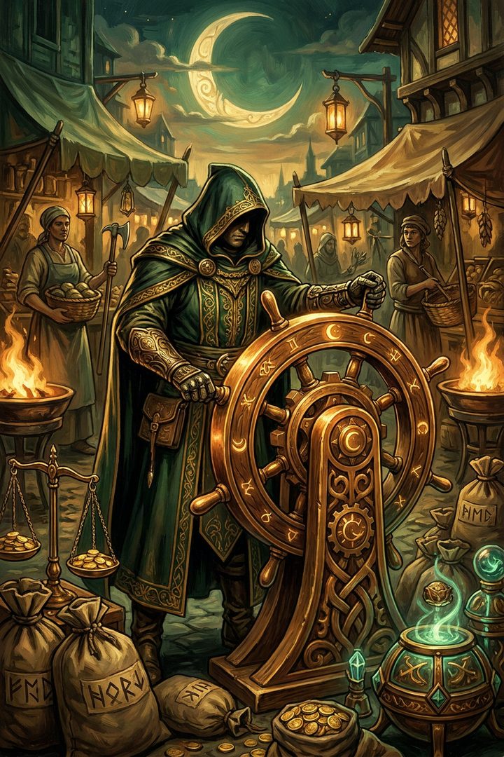 The Turning Coin: an original painted scene, an illustrated scene