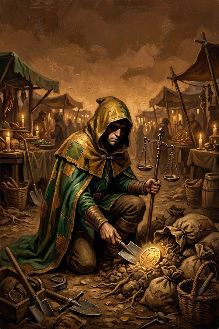 The Buried Coin: an original painted scene, an illustrated scene
