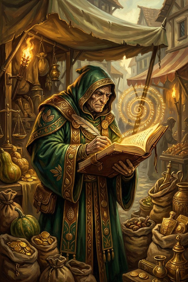 The Careful Ledger: an original painted scene, an illustrated scene