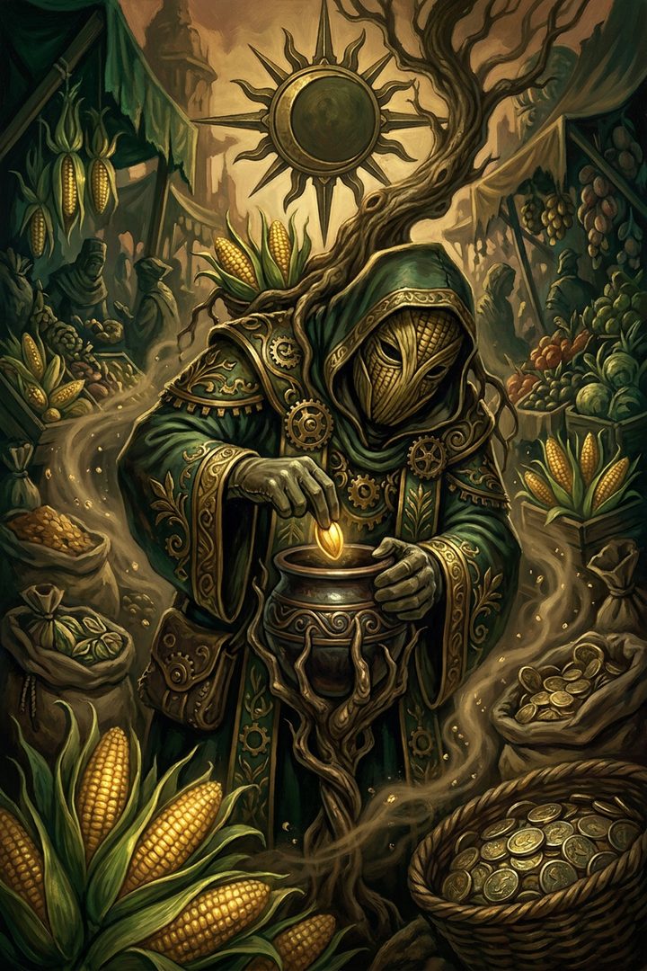 Seed Corn: an original painted scene, an illustrated scene