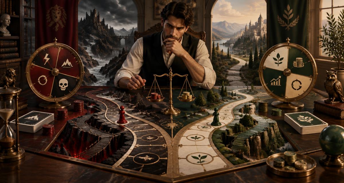 A luminous branching path representing choices, probabilities, and possible outcomes