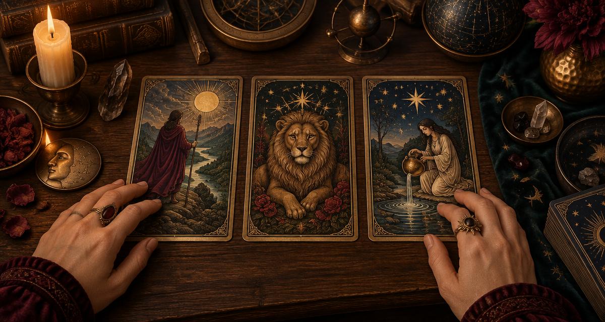 A candlelit tarot spread arranged for close study and reflection